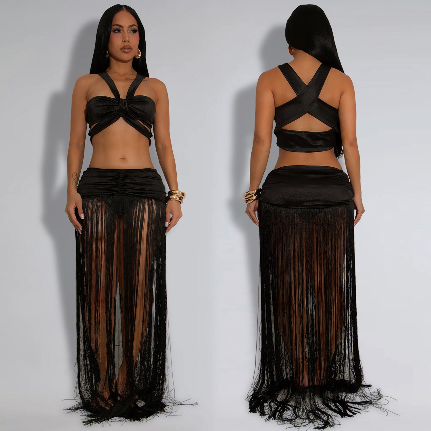 Women's Fashion Sexy Strap Top & Fringe Long Skirt Two-Piece Set 3