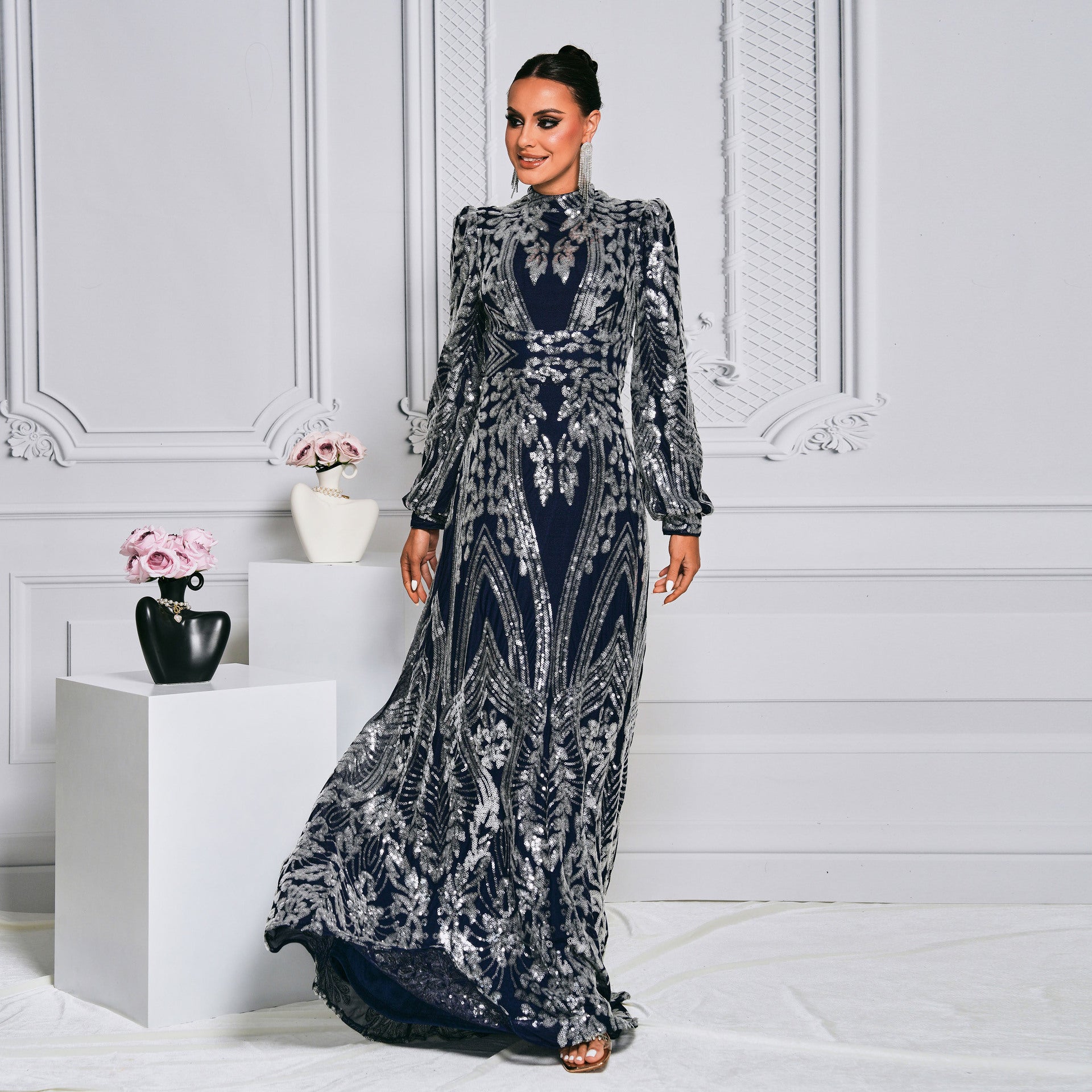 Women Sequined Long Sleeve Round Neck Formal Party Maxi Evening Dress 6