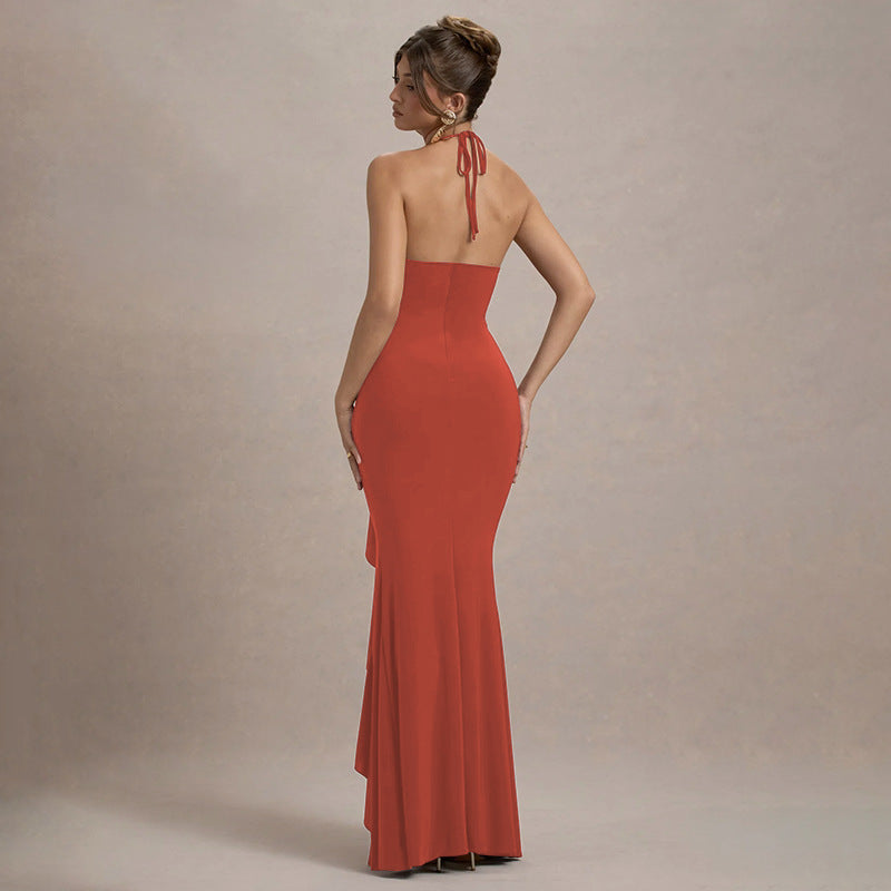 Autumn And Winter Flower Ribbon Irregular Halter Neck Slit Dress 6