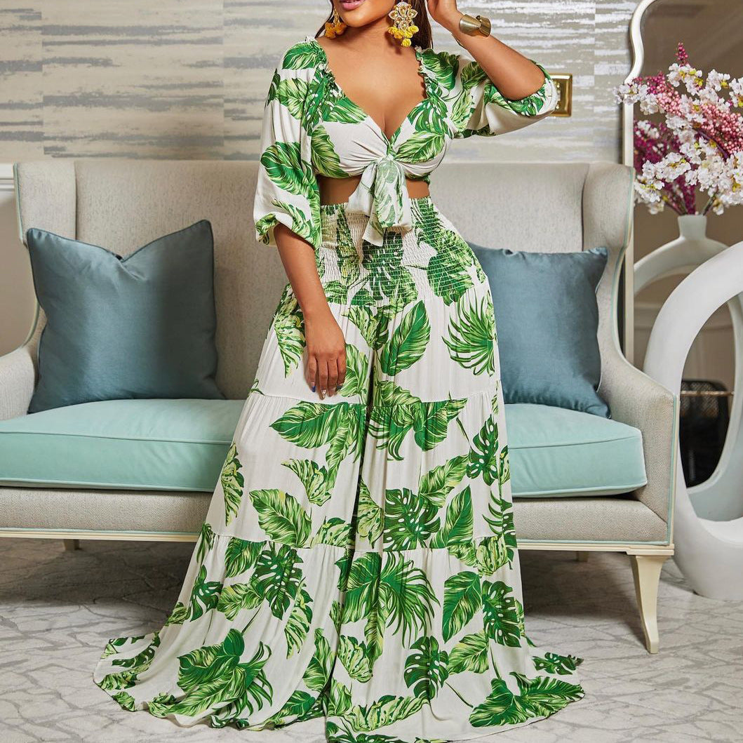 Women Printed V-neck Lace-Up Top + Wide Leg Pants Two-Piece Set 3