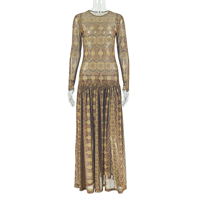 Elegant Women's Slim Waist Semi-Sheer Printed Round Neck Long Sleeve A-Line Dress 6