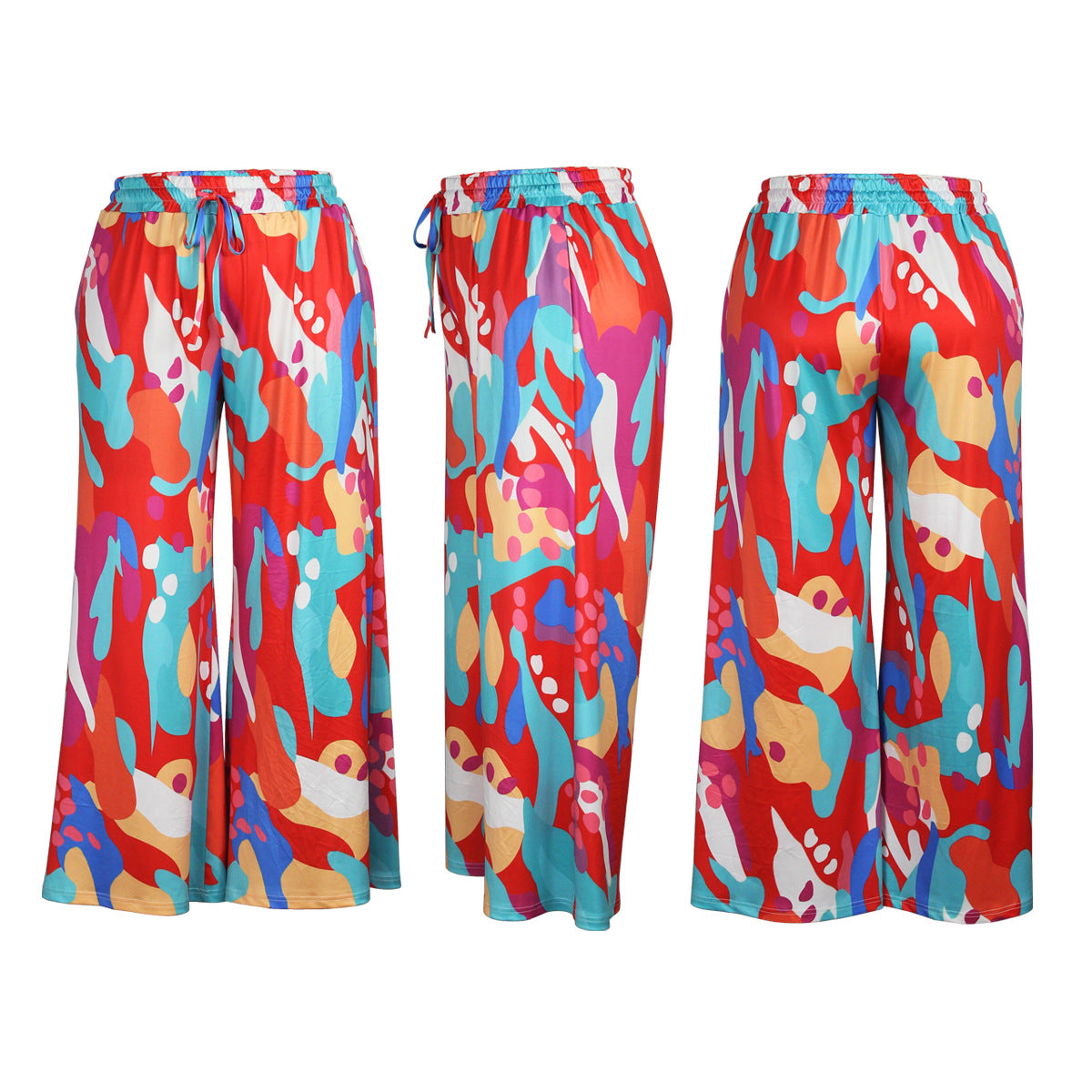 Plus Size Women Casual Tie Print Pocket Wide Leg Pants 11