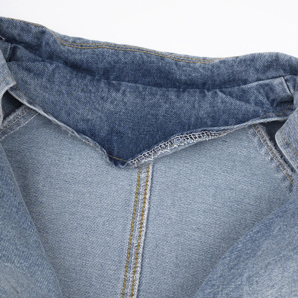 Women's Autumn Ruffle Contrast Color Patchwork Belt Turndown Collar Denim Jacket 15