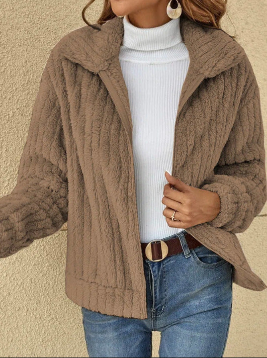 Women's Autumn and Winter Ribbed Plush Cardigan Turndown Collar Jacket 7
