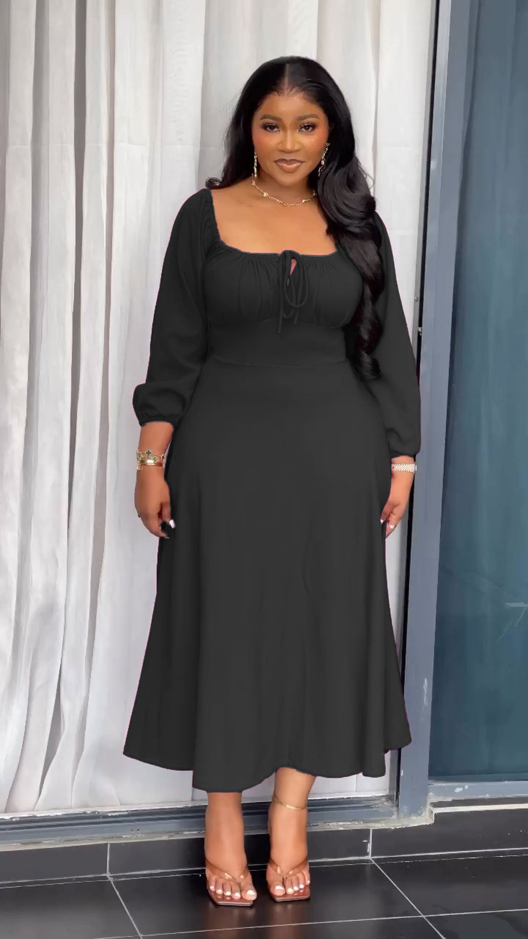 Sexy drawstring square neck Slim Waist A-line long dress 3