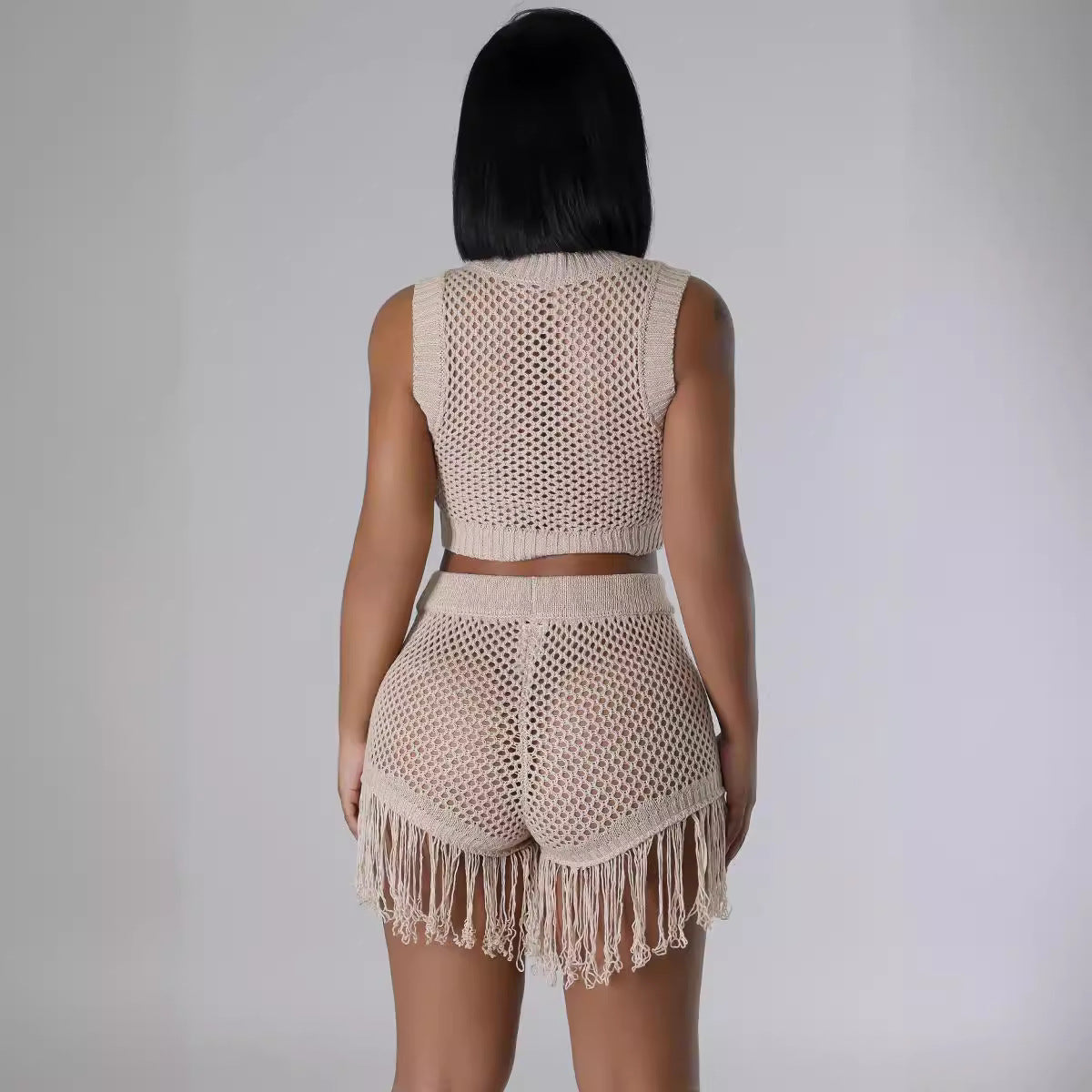 Women knitting Crochet hollow tassel sexy Top and shorts two-piece set 4