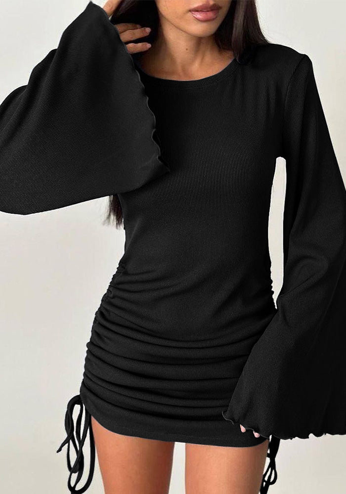 Women sexy Round Neck Bell Bottom sleeve lace-up knitting solid dress
