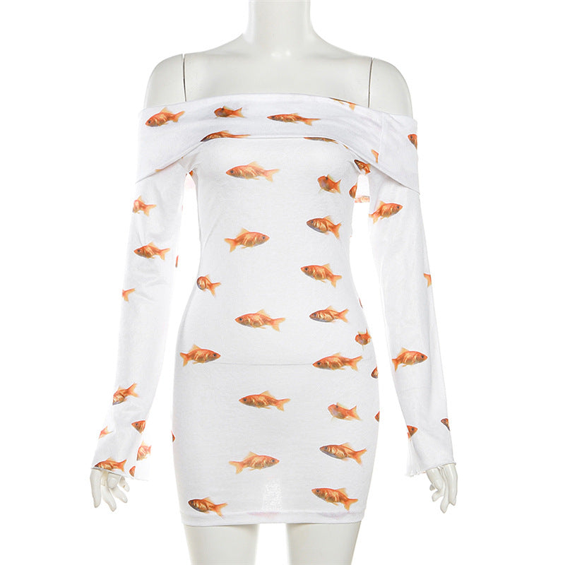 Women Summer Long Sleeve Off Shoulder Printed Bodycon Dress 9