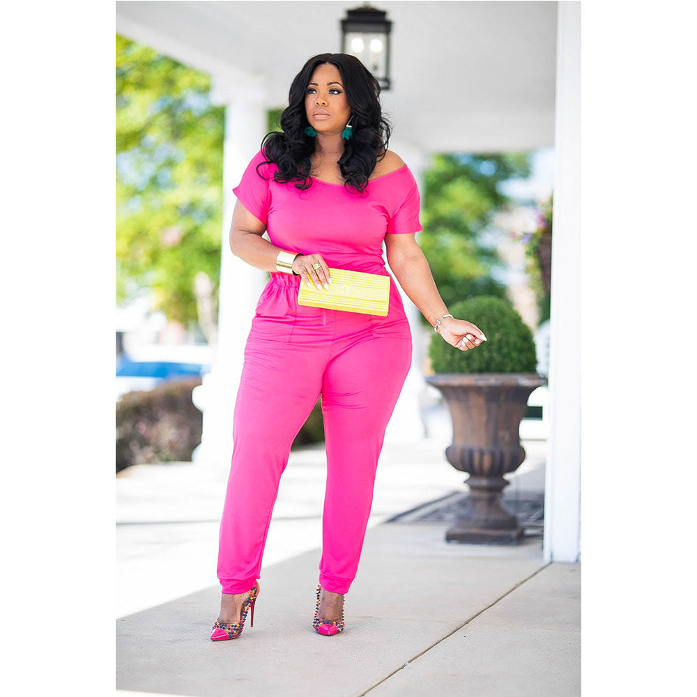 Women Summer Off Shoulder Pocket Short Sleeve Jumpsuit 7