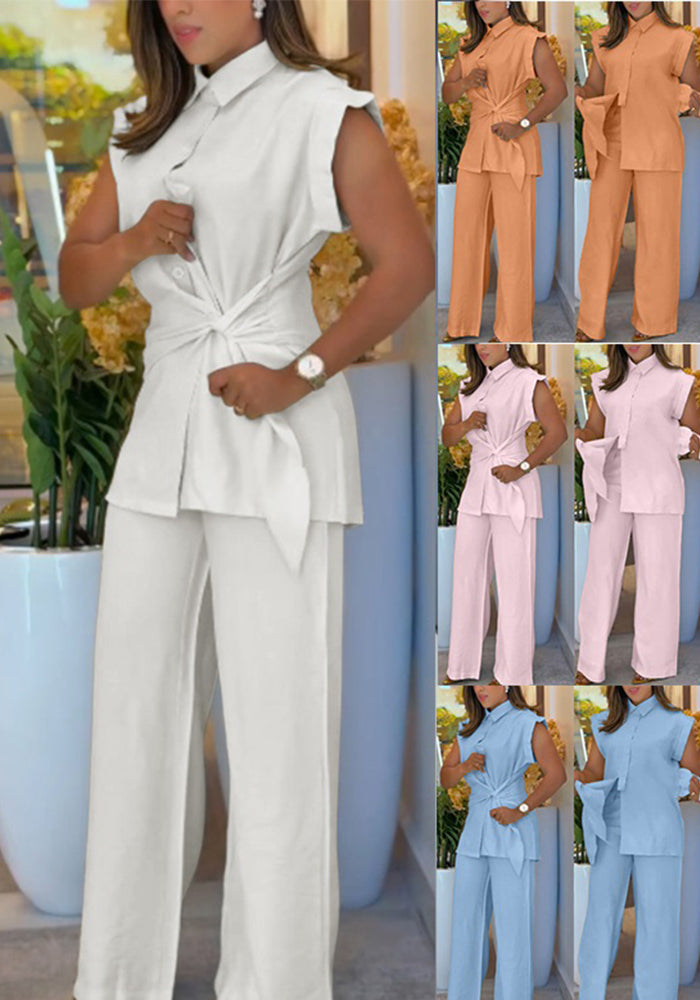 Women's Fashion Sleeveless Lace-Up Shirt Wide-Leg Pants Set
