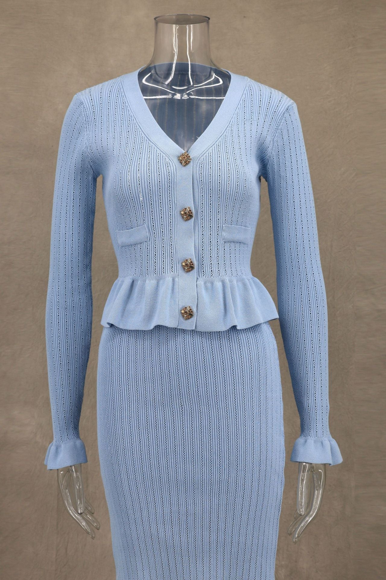 Autumn Winter Elegant Ruffled V-Neck Bodycon Fishtail Skirt Set 21