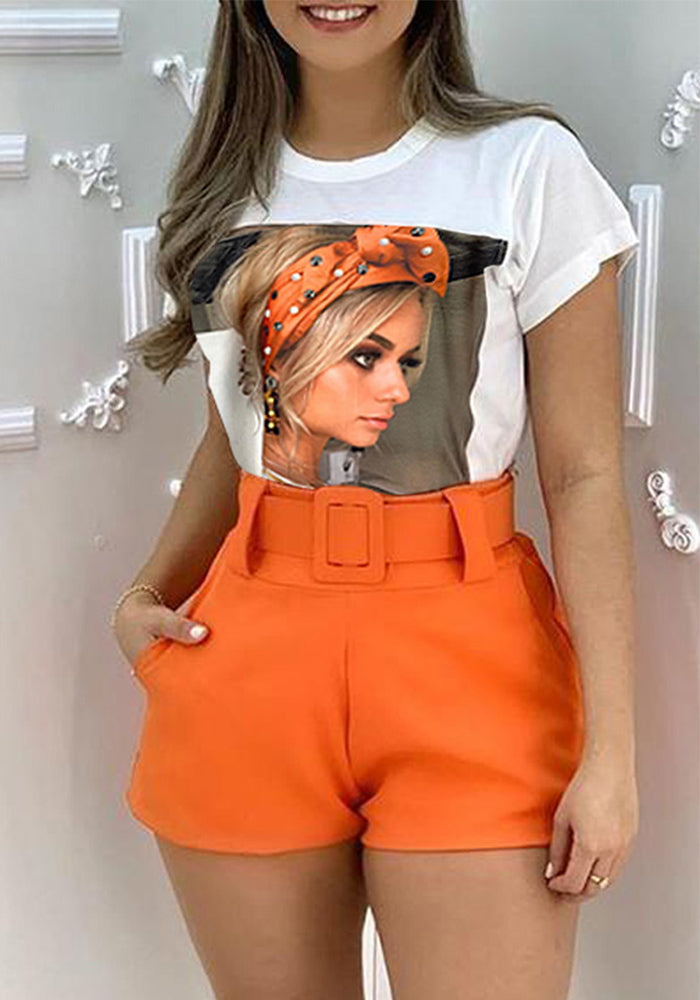 Career Women's White Printed T-Shirt High Waist Shorts With Belt