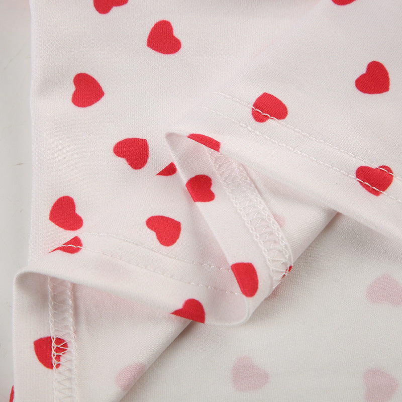 Women Heart Print Lace V-Neck Suspender Top and Shorts Two Piece Set 12