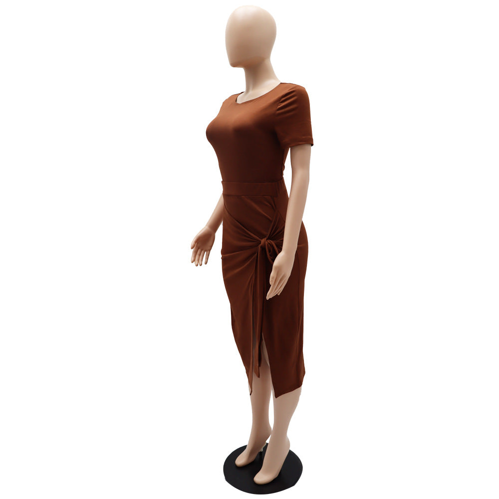 Women Solid T-Shirt and Slit Skirt Two-Piece Set 14