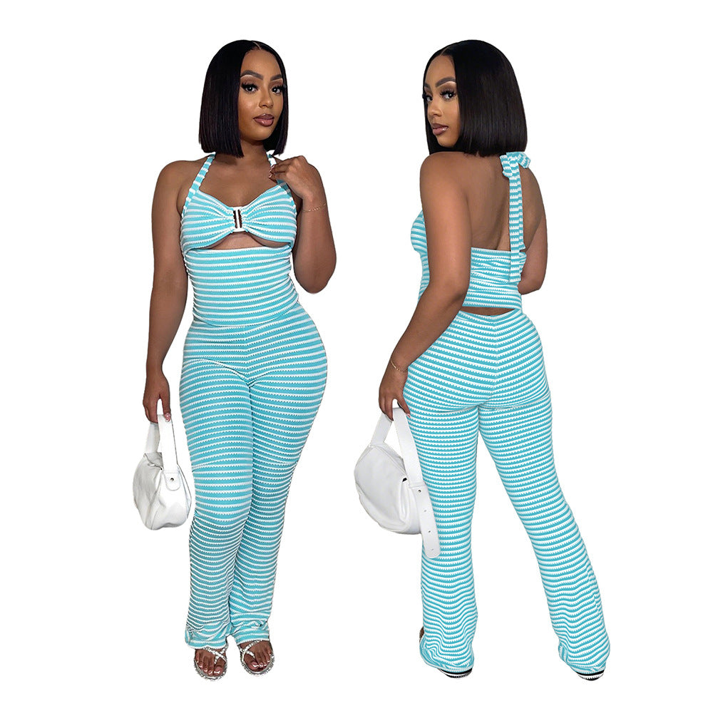 Women jacquard striped lace-up Crop Top and pencil pants two-piece set 7