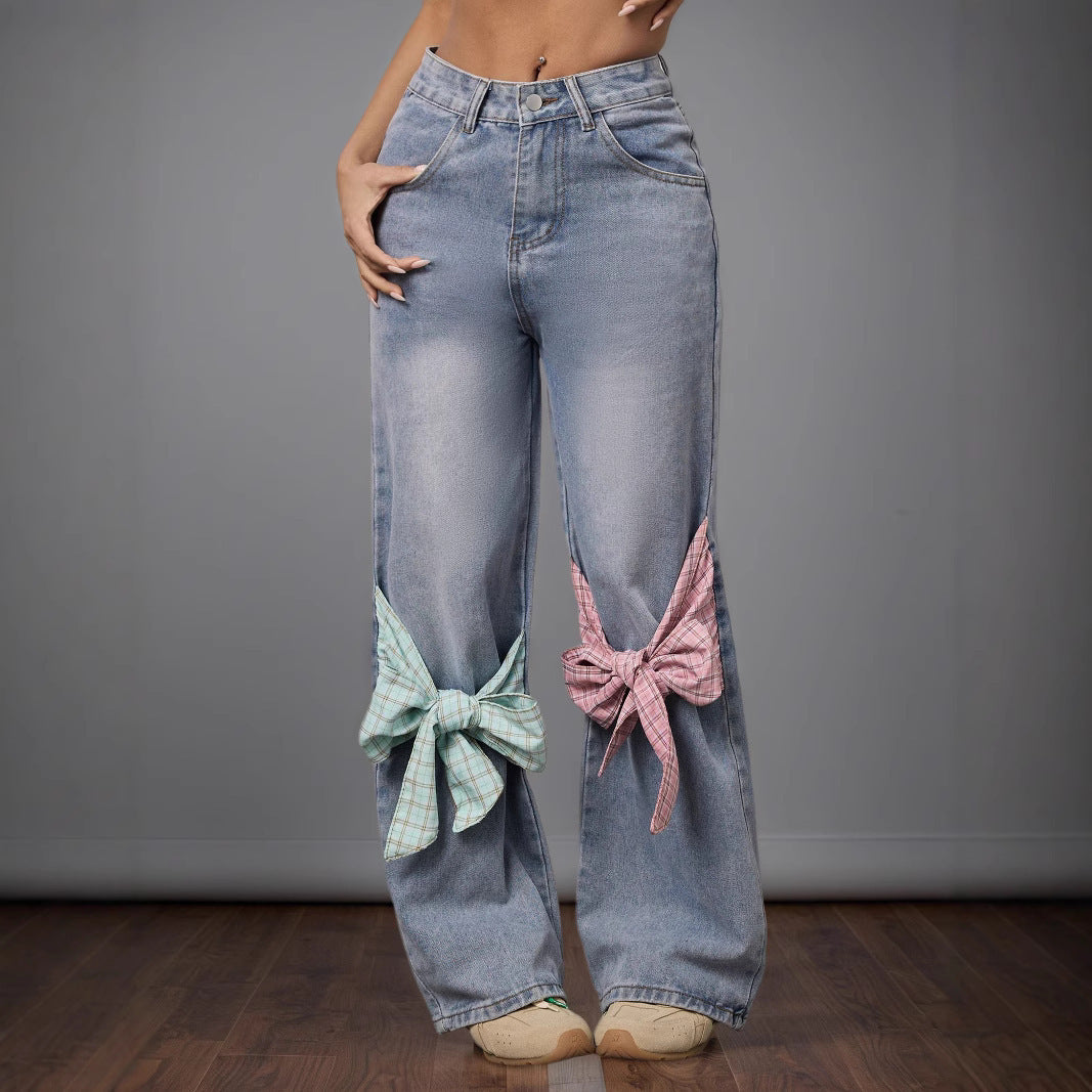 Bow High-Waist Wide-Leg Denim Pants Loose Straight Trousers 7