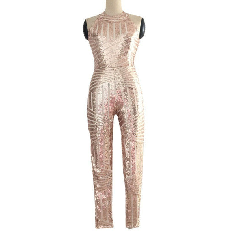Women's Round Neck Low Back Halter Neck Sleeveless Bodycon Sequin Jumpsuit 10