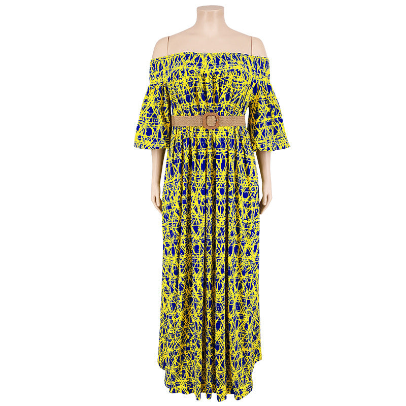 Plus Size Women Fall Off Shoulder Long Sleeve Dress with Belt 17