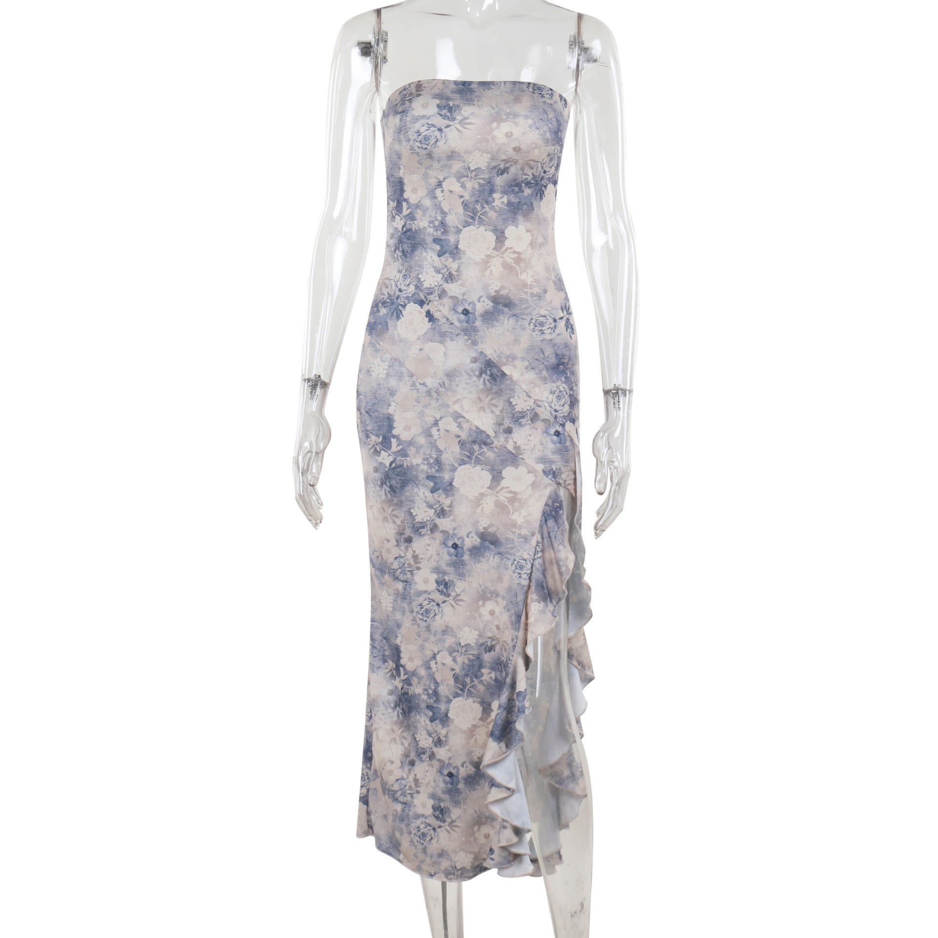 Women Spring French Print Strapless Ruffle Slit Dress 9