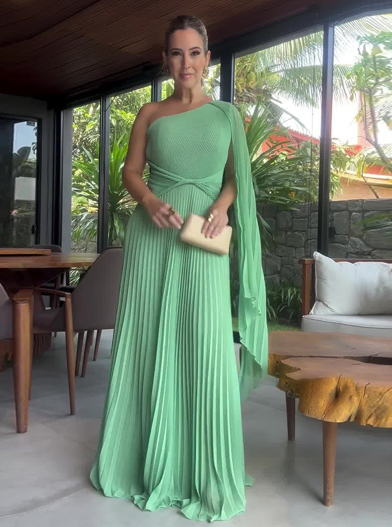 Summer Solid Color Fashion Slash Shoulder Raglan Sleeve Slim Waist Pleated Long Dress