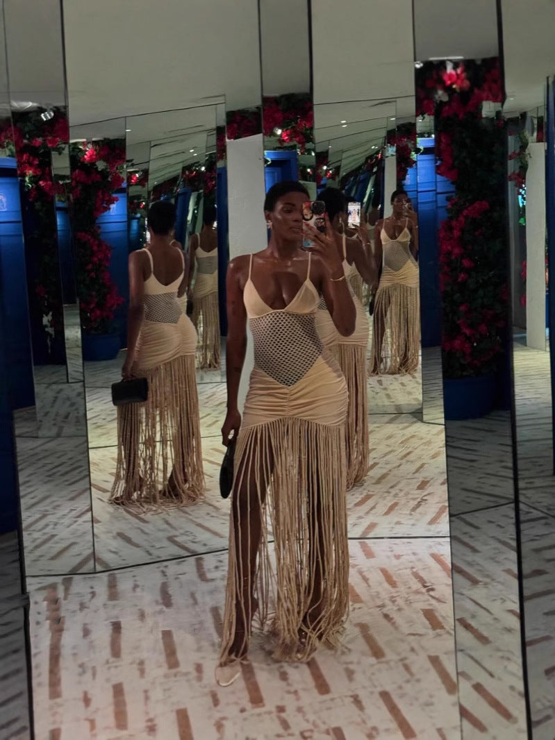 Women Spring and Summer Strap Mesh Sexy Pleated Bodycon Tassel Dress 4