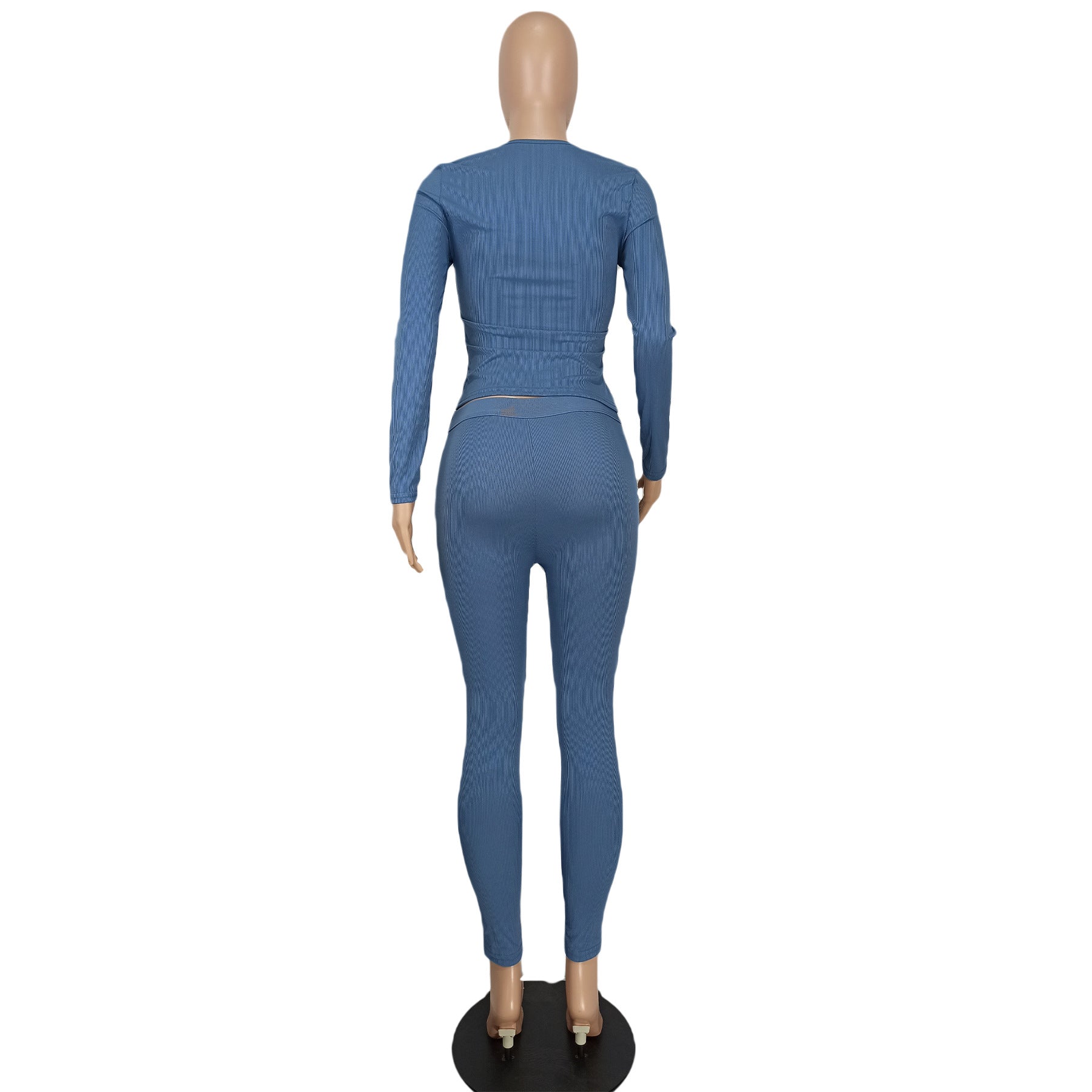 Women Casual Ribbed Solid Top and Pants Two-Piece Set 19