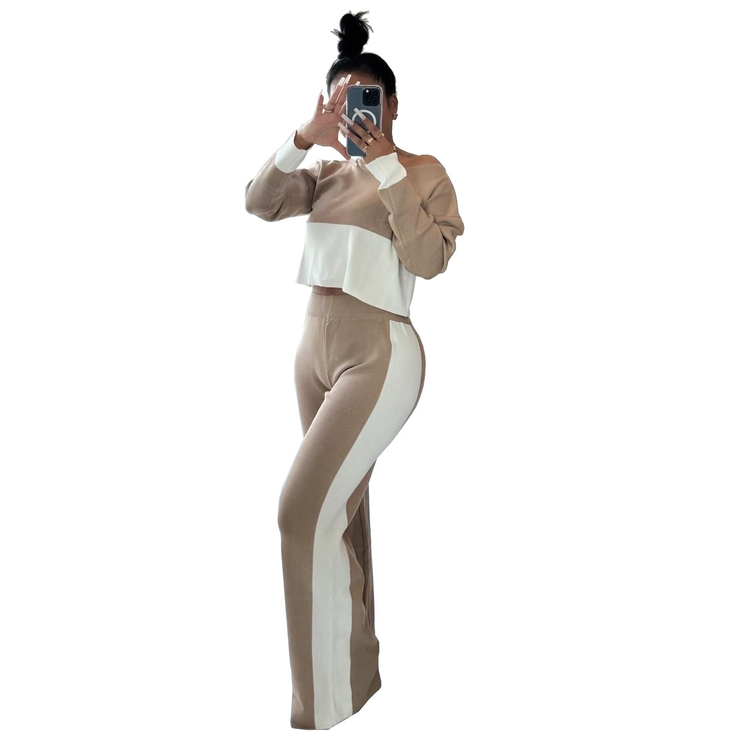 Women's Contrast Color Patchwork Casual Two Piece Pants Set 7