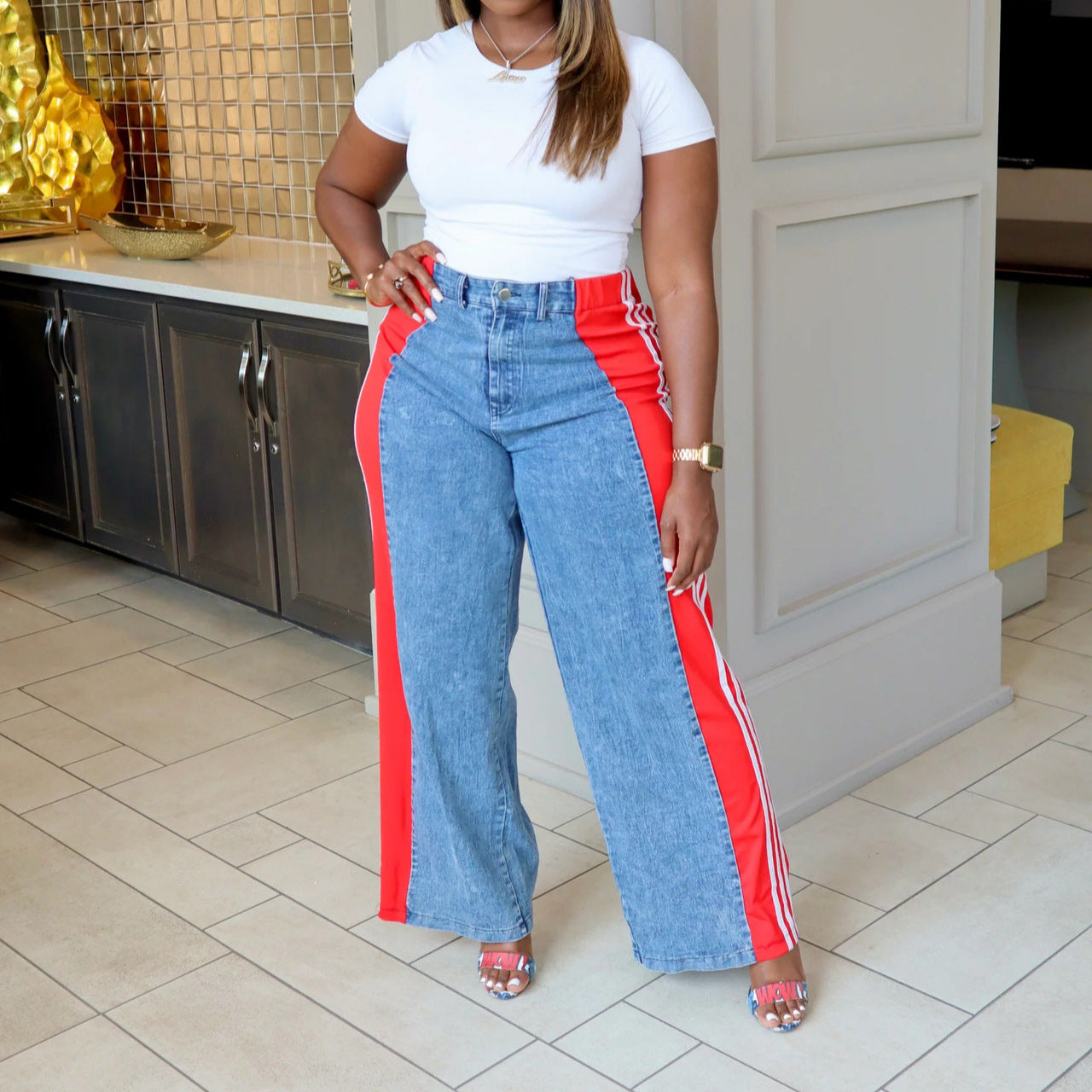 Summer fashion patchwork striped wide leg casual straight pants denim trousers 8