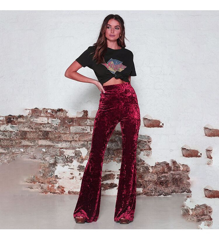 Women High Waist Gold Velvet Casual Wide Leg Bell-Bottom Pants 11