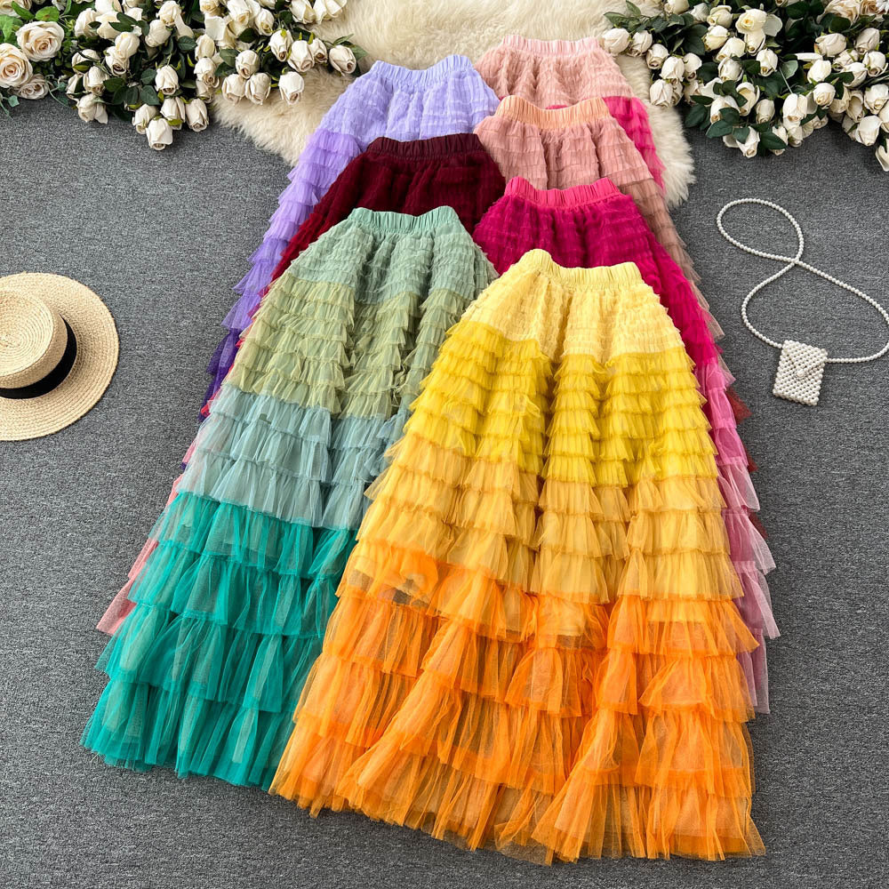 Women  Irregular Gradient Cascading Ruffles Puffy Mesh Skirt 14