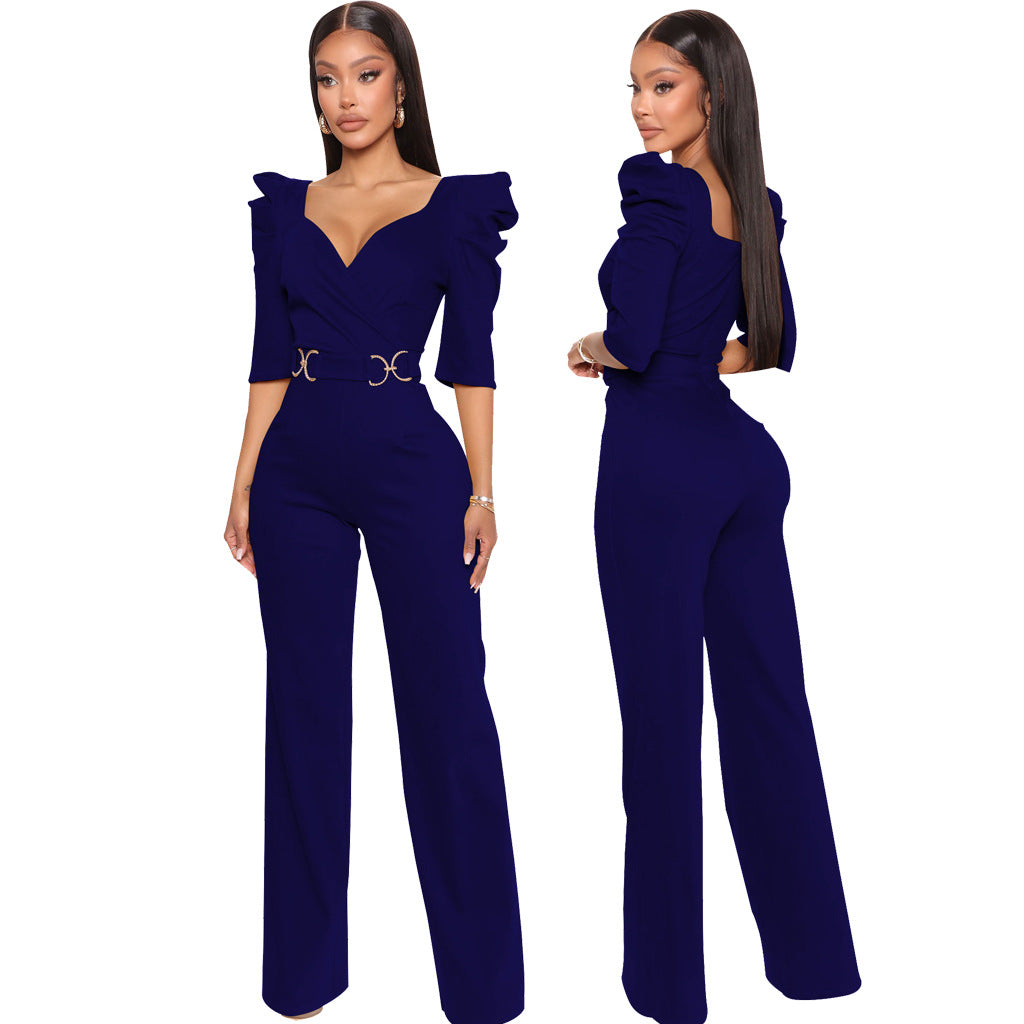 Sexy Fashion Solid Color Three-Quarter Sleeve V-Neck Jumpsuit Women's Clothing 13