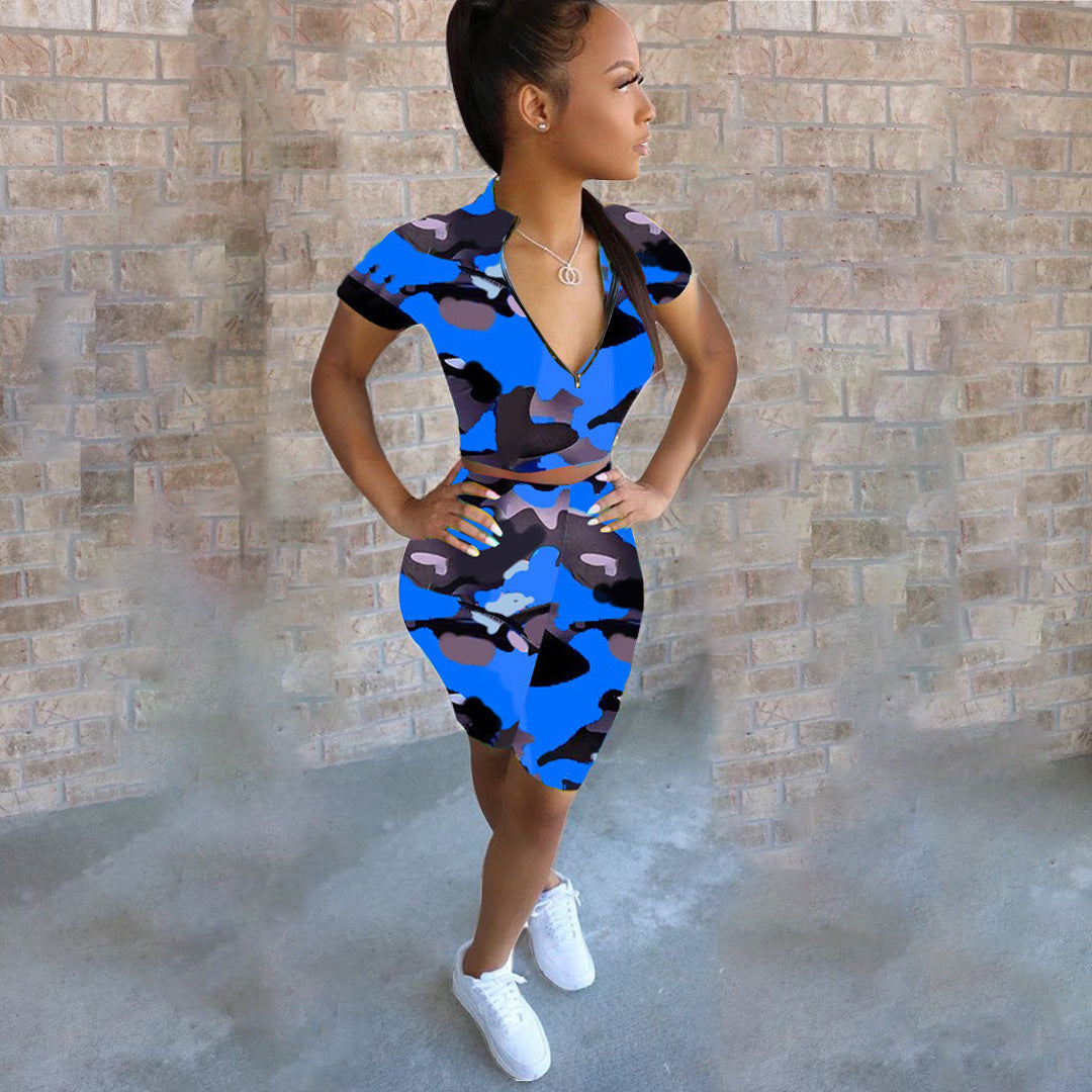 Women's Sexy Camouflage Short Sleeve Zipper High Waist Two-Piece Set 6