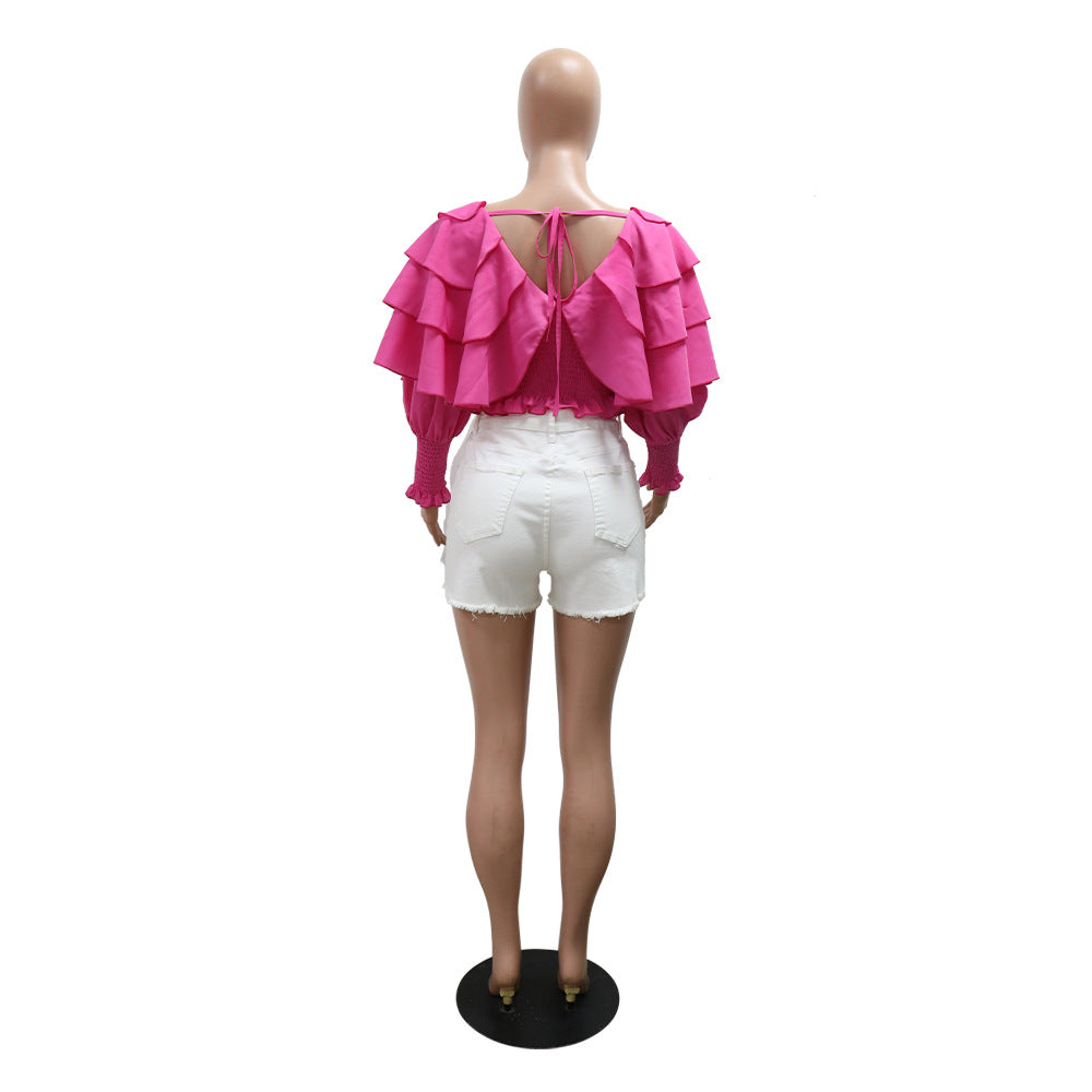 Fashion Sexy Solid Color  V-Neck Long Sleeve Ruffled Layer Top 8