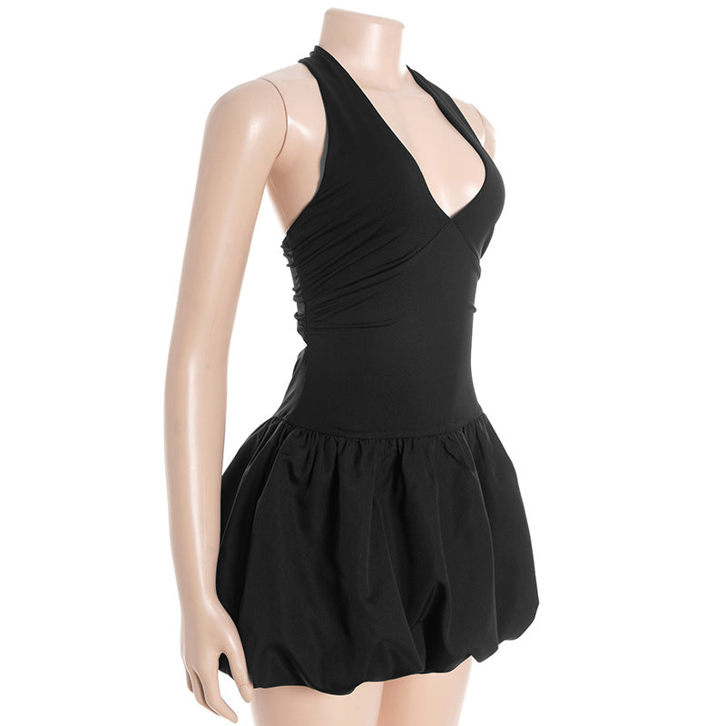 Women V-Neck Halter Neck Sexy Contrast Patchwork Flower Bud Mini Dress 9