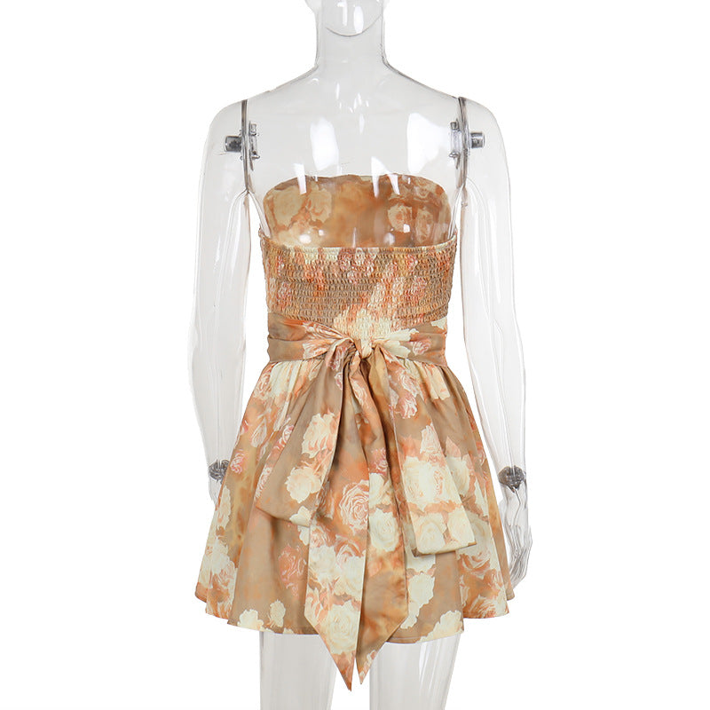 Women Summer Strapless Print Lace-Up Backless Gathered Dress 8