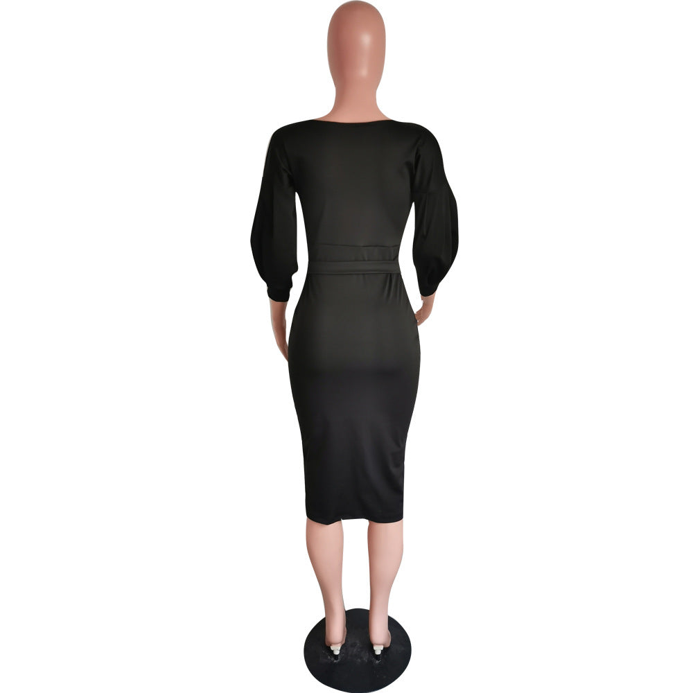 Women Sexy Elegant Lantern Sleeve Solid V Neck Off Shoulder Half Dress 5