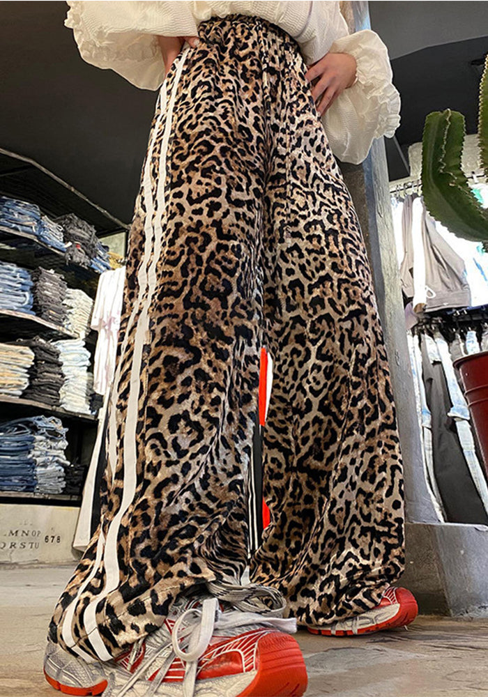 Autumn Street Leopard Print Stripes Patchwork Loose Slim Fit Casual Pants