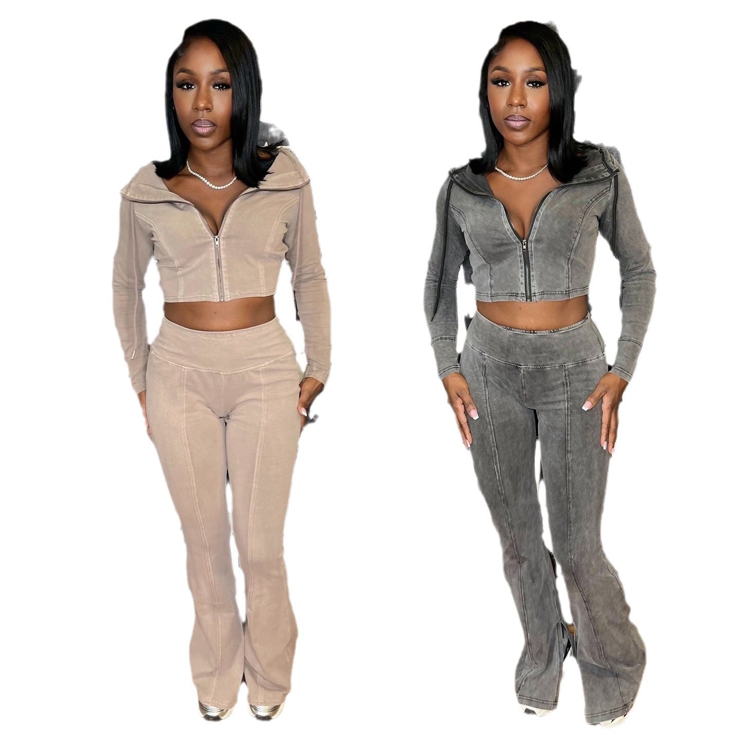 Women Washed Stretch Top and Slit Pants Two Piece Set