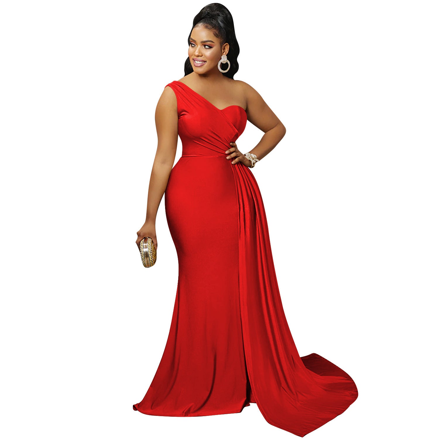 Women Fashion Solid Party One Shoulder Sleeve Dress Long Dress 5