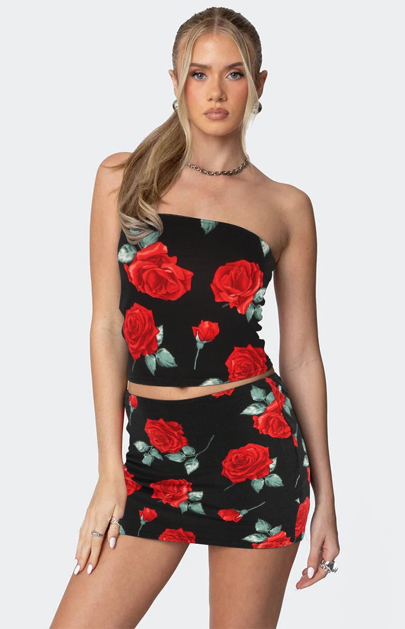 Summer Strapless Print Top Skirt Two-piece Set 3