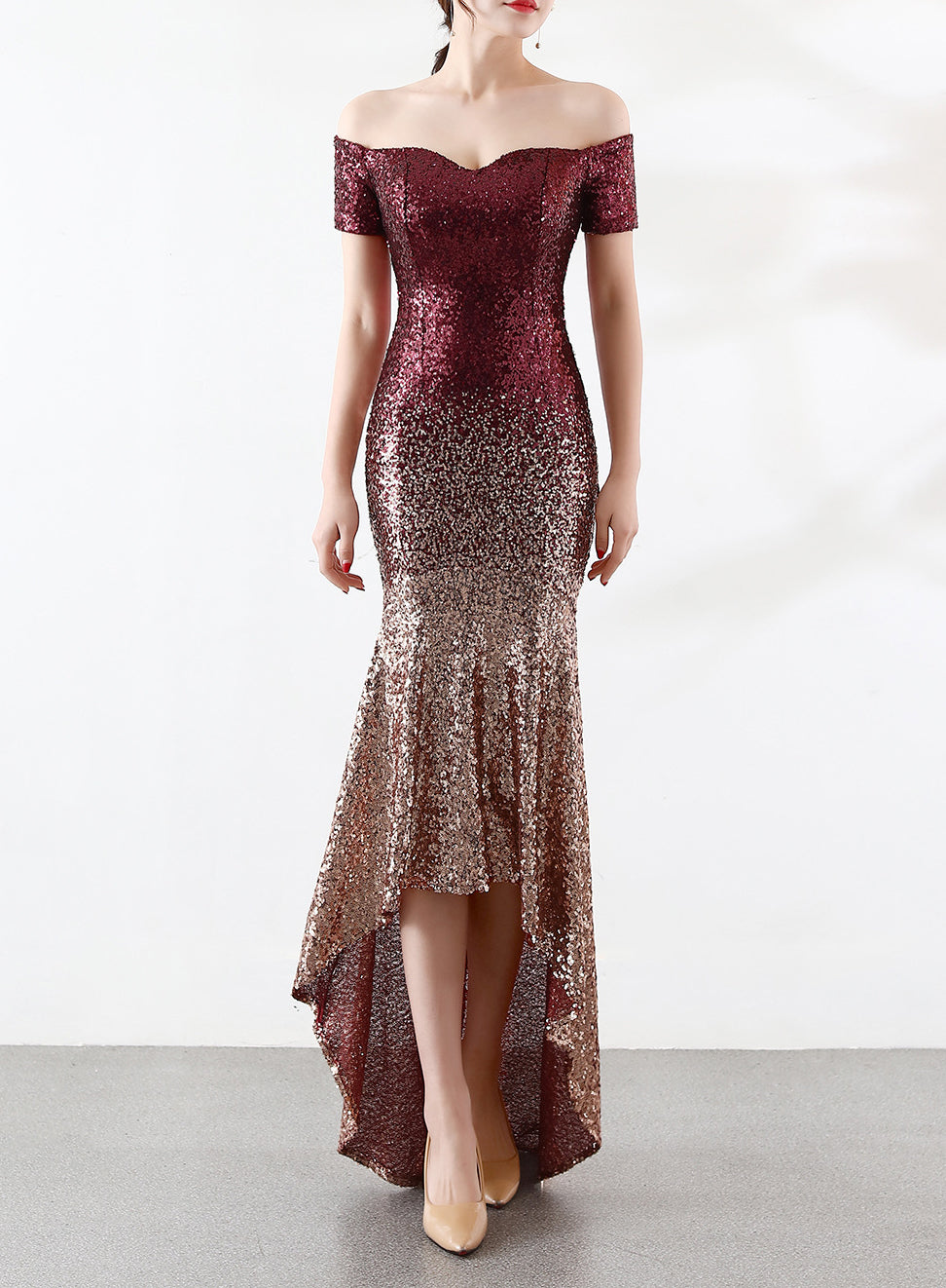 Short Sleeve Off Shoulder Dress See-Through L Gradient Beaded Dress Wedding Formal Party Party Dress 6