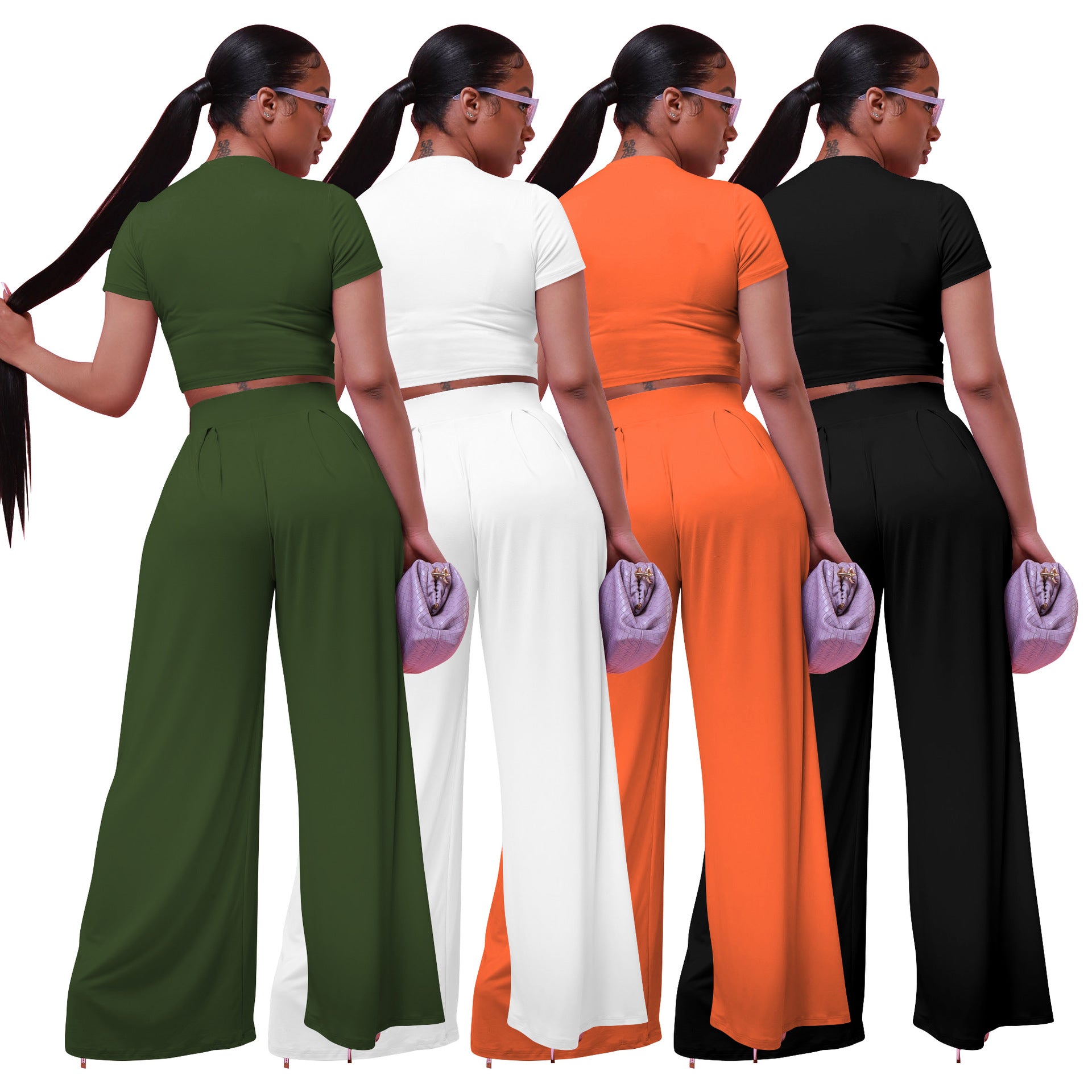 Women's Clothes Summer Fashionable Solid Color Wide Leg Two-Piece Pants Set