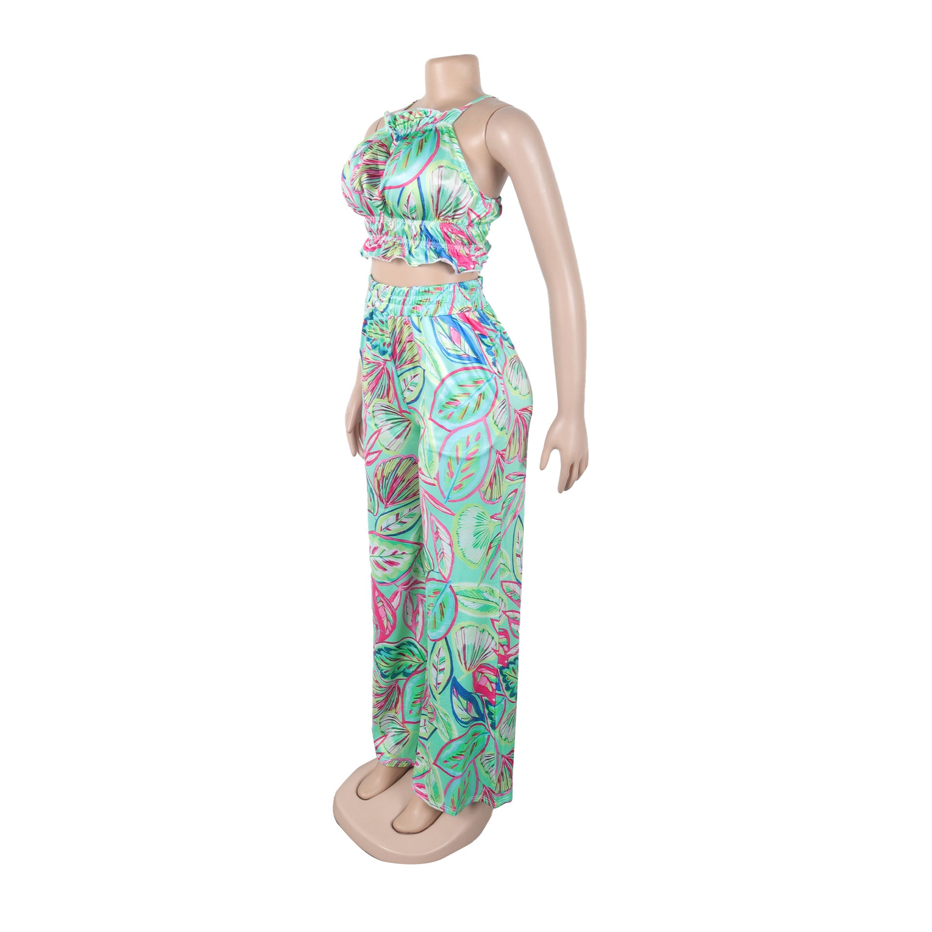 Women's Fashion Print Halter Neck Vest High-Waist Pants Two-Piece Set 18
