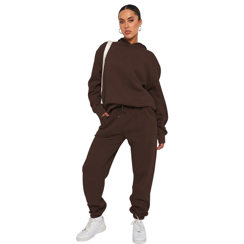 Fall Winter Solid Color Hooded Tracksuit Long Sleeve Hoodies Women's Fashion Casual Pant Two Piece Set 18