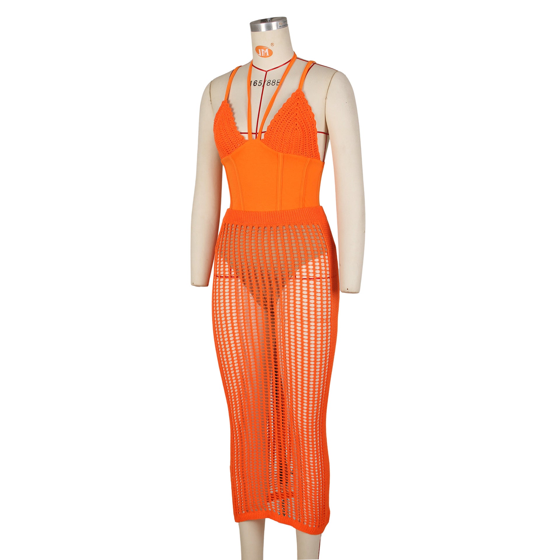 Summer Women's Fashion Sexy Straps Backless One-Piece Bodysuit Top Hollow Knitting Skirt Two Piece Set 15