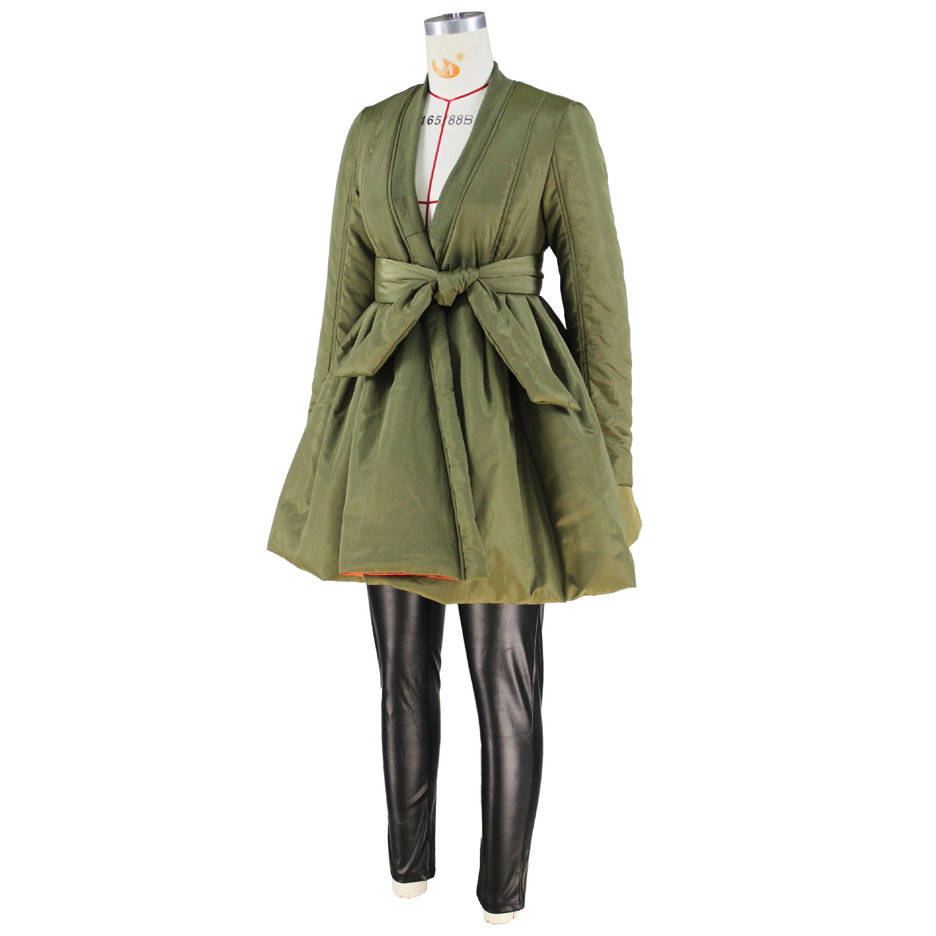 Fashionable Solid Color Wrap Cotton Padded A-Line Jacket 11