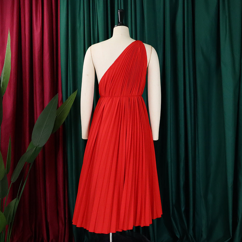 Women Summer Solid Slash Shoulder Lace-Up Loose Pleated Dress 33