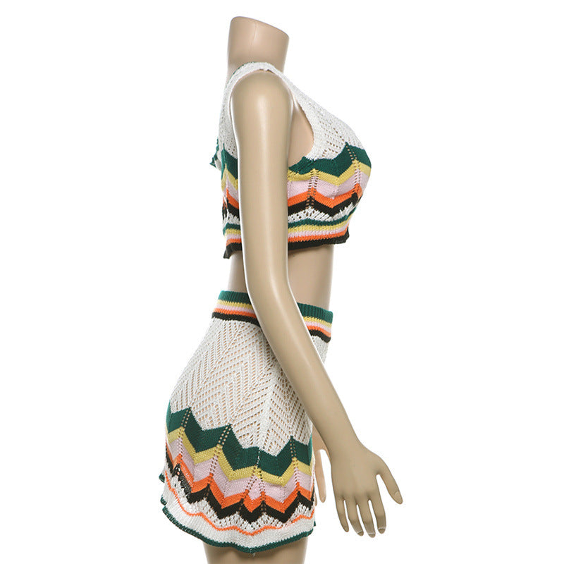 Summer Fashion Contrast Sexy V-Neck Crop Vest High Waist Slim Short Skirt Two Piece Set 7