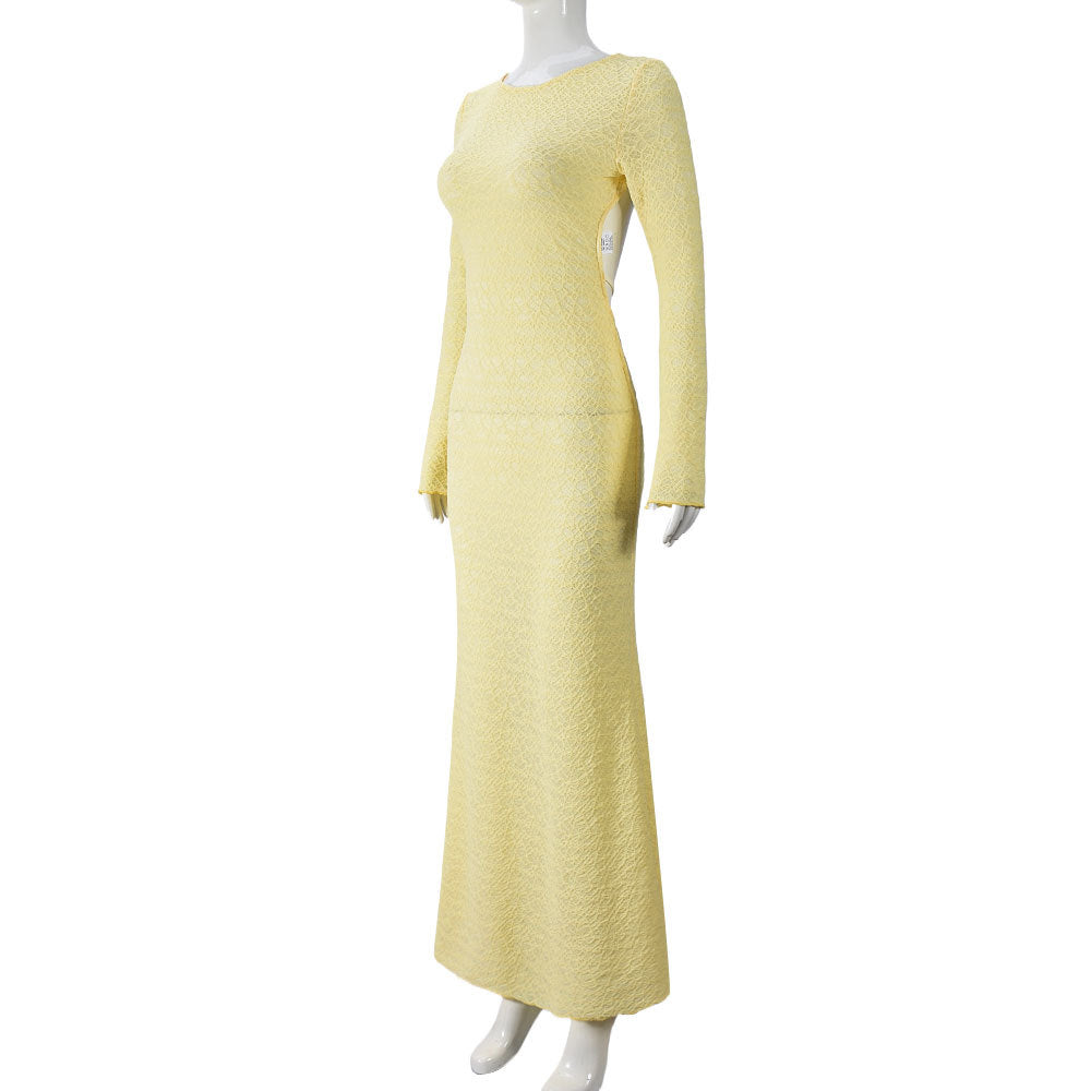 Women Autumn Low Back Lace-Up Backless Long Sleeve Long Dress 9