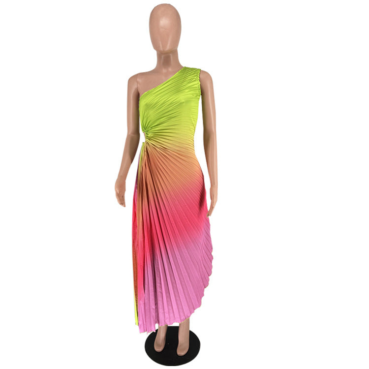 Women's Fashion Gradient Printed One Shoulder Pleated Maxi Dress 20